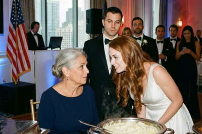 At my son’s wedding reception, my daughter-in-law crossed a line and embarrassed me in front of everyone. She pushed me toward the buffet, forcing my face close to a plate of mashed potatoes that was still steaming, and kept insisting I “taste it” until the table went silent. She threw out a few cruel words like she was daring me to react. But then something happened that flipped the entire room. One guest turned pale and blurted out a shocking truth about who I really am. And by nightfall, I made one quiet move that changed the power dynamic fast.