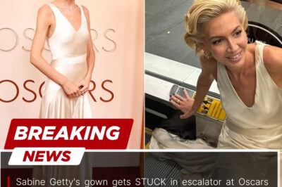Sabine Getty drew attention at the Academy Awards after a brief unexpected moment when her gown became caught in an escalator, with the situation quickly resolved as onlookers reacted and the incident turned into one of the more talked-about moments from the evening.
