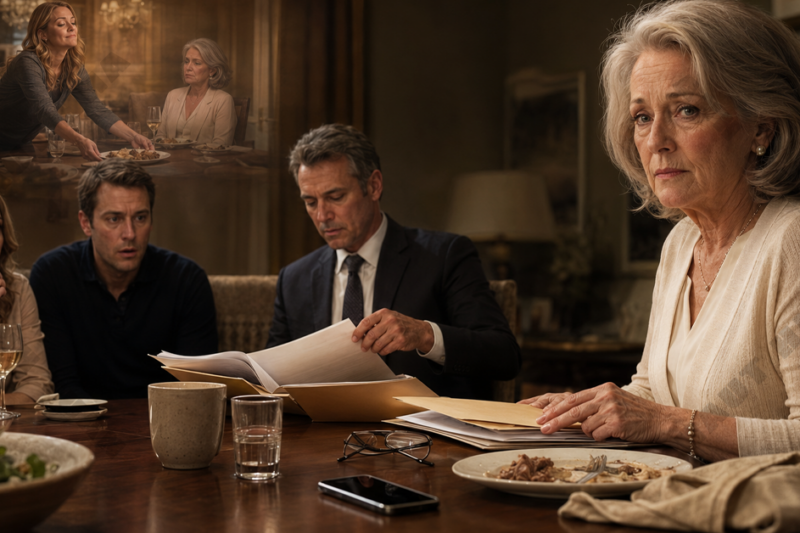 At family dinner, they pushed me to the end of the table and set a plate of leftovers in front of me. My daughter-in-law smiled and said, “Mom, just eat this for now. Don’t ruin everyone’s evening.” I didn’t argue. I just quietly set my napkin down. But when the lawyer opened the financial files, the name on every account left the whole table speechless.