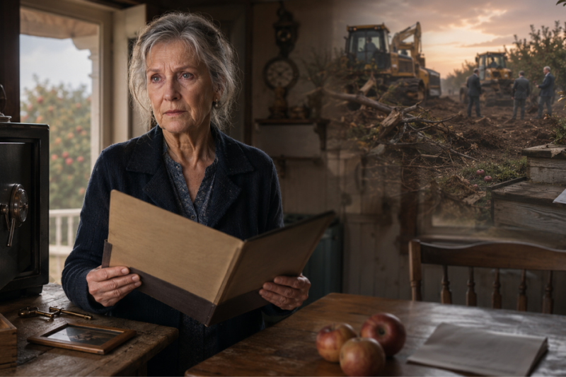 Before the sun came up, they sent bulldozers through the elderly widow’s apple orchard and left a cold notice on her front porch: “This land no longer belongs to you.” She didn’t cry, and she didn’t beg. She simply opened her safe and took out an agreement with a clause that would cost them millions in court.